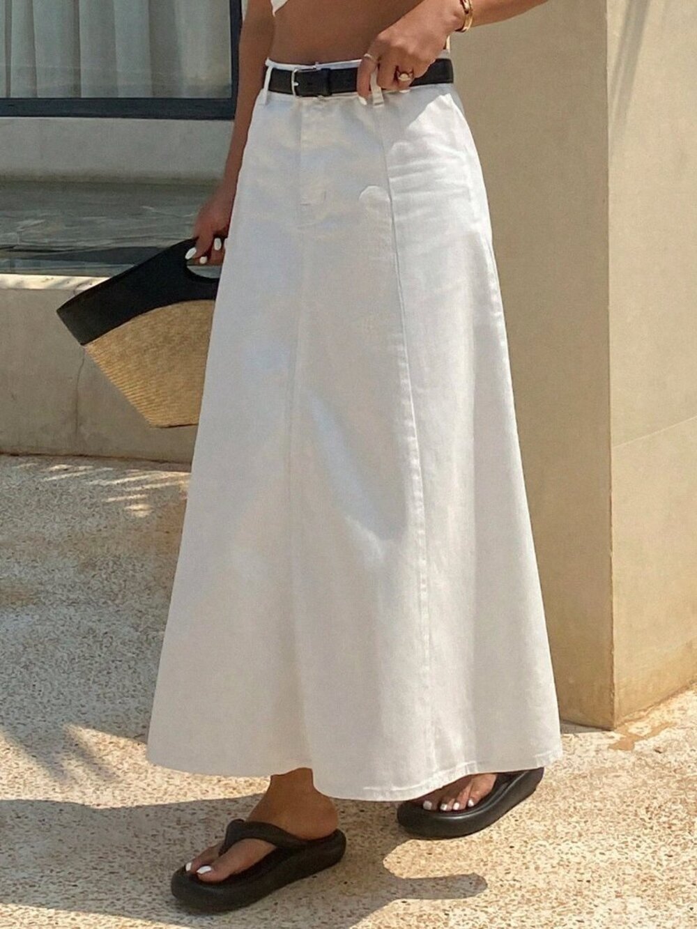 White Casual Women's Plain A-Line Denim Skirt - Picture 5 of 9